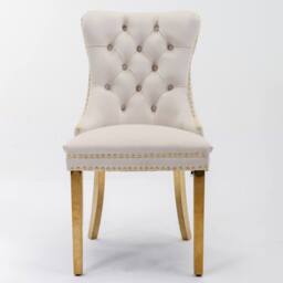 HomeTouch Set of 2 Velvet Dining Chairs with Gold Steel Legs in Beige - Size: 2 Pack - thumbnail 8