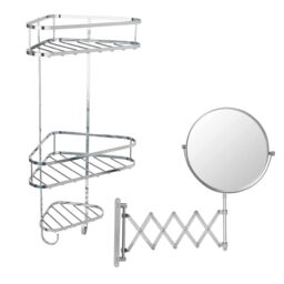 simpa Chrome Shower Caddy & Extendable Mirror Set in Metallic Silver