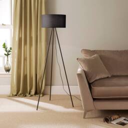 K LIVING Modern Black Metal Tripod Floor Lamp Cotton Fabric Lampshade in Black