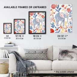 "Artery8 Cute Baby Elephant Blue Red Floral Watercolour Wall Art Print - Size: W24"" x H32""" - thumbnail 3