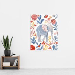 "Artery8 Cute Baby Elephant Blue Red Floral Watercolour Wall Art Print - Size: W24"" x H32""" - thumbnail 4