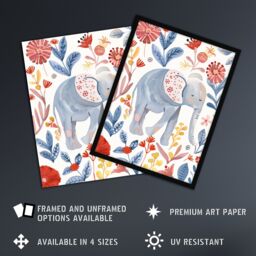 "Artery8 Cute Baby Elephant Blue Red Floral Watercolour Wall Art Print - Size: W24"" x H32""" - thumbnail 2