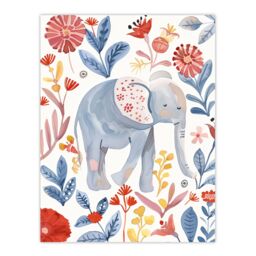 "Artery8 Cute Baby Elephant Blue Red Floral Watercolour Wall Art Print - Size: W24"" x H32""" - thumbnail 1