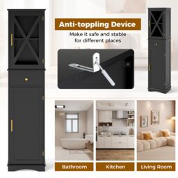 Gymax Freestanding Narrow Storage Cupboard Bathroom Tall Cabinet in Black - thumbnail 4