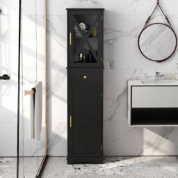 Gymax Freestanding Narrow Storage Cupboard Bathroom Tall Cabinet in Black - thumbnail 3