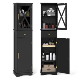 Gymax Freestanding Narrow Storage Cupboard Bathroom Tall Cabinet in Black - thumbnail 1