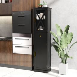 Gymax Freestanding Narrow Storage Cupboard Bathroom Tall Cabinet in Black - thumbnail 7