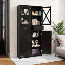 Gymax Freestanding Narrow Storage Cupboard Bathroom Tall Cabinet in Black - thumbnail 8