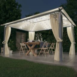 Berkfield Home Gazebo with Curtain&LED String Lights 4x3 m Cream Aluminium in Beige - thumbnail 1