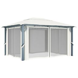 Berkfield Home Gazebo with Curtain&LED String Lights 4x3 m Cream Aluminium in Beige - thumbnail 6