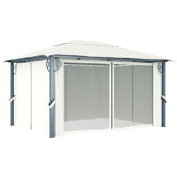 Berkfield Home Gazebo with Curtain&LED String Lights 4x3 m Cream Aluminium in Beige - thumbnail 5