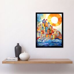 "Artery8 Wall Art Print Abstract Seascape Sunrise Village Folk Art Framed - Size: W12"" x H16""" - thumbnail 2
