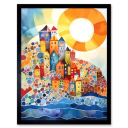"Artery8 Wall Art Print Abstract Seascape Sunrise Village Folk Art Framed - Size: W12"" x H16""" - thumbnail 1