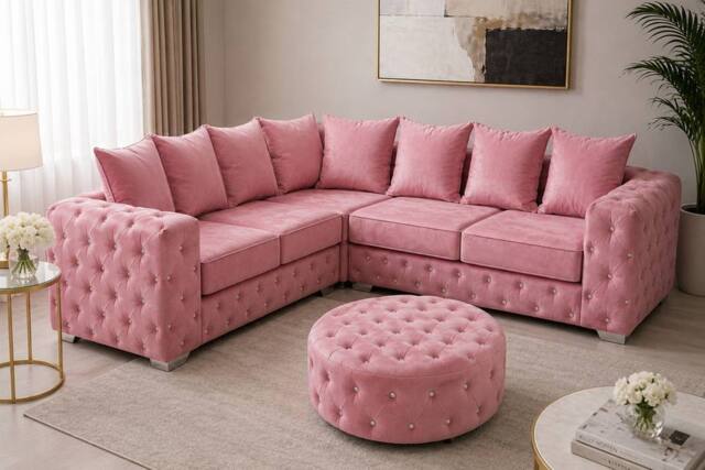 Stratus Interiors Ashley Chesterfield Full Back Plush Velvet Fabric Sofa - Corner in Pink - image 1