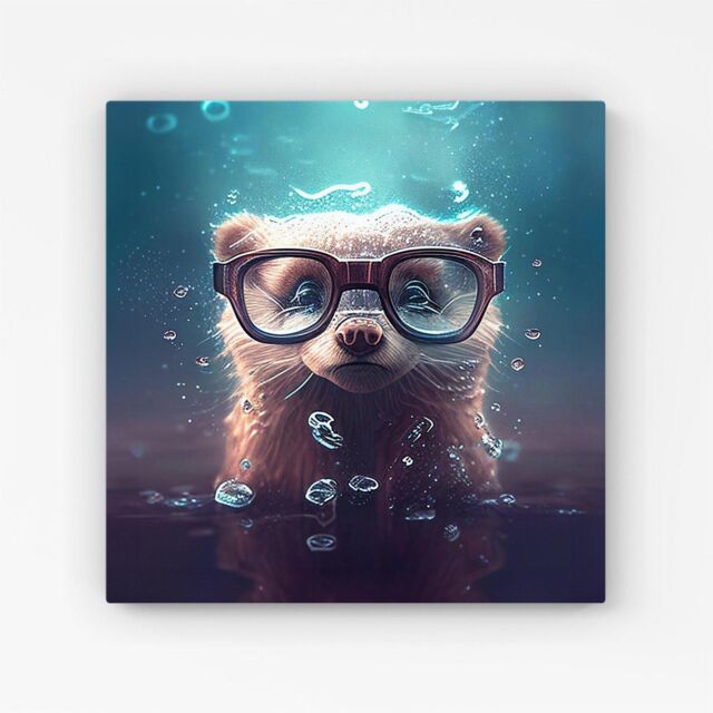 Warren Reed - Designer Ferret With Glasses Splashart Water Canvas in Blue - Size: w10 inch x h10 inch - image 1