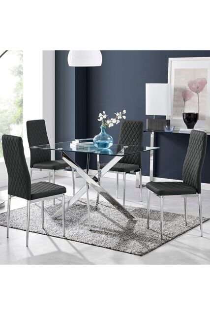 FurnitureboxUK Leonardo Glass & Chrome Metal Dining Table & 4 Milan Chairs Set in Black - image 1