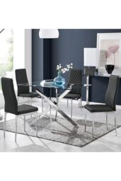 FurnitureboxUK Leonardo Glass & Chrome Metal Dining Table & 4 Milan Chairs Set in Black