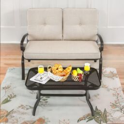 FURNOS 2 Seater Outdoor Bench With Padded Cushions & Table in Cream - thumbnail 4