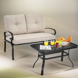 FURNOS 2 Seater Outdoor Bench With Padded Cushions & Table in Cream - thumbnail 2