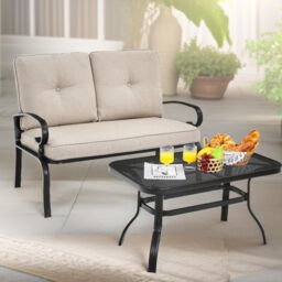 FURNOS 2 Seater Outdoor Bench With Padded Cushions & Table in Cream - thumbnail 3