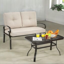 FURNOS 2 Seater Outdoor Bench With Padded Cushions & Table in Cream