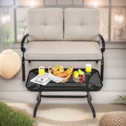 FURNOS 2 Seater Outdoor Bench With Padded Cushions & Table in Cream - thumbnail 5