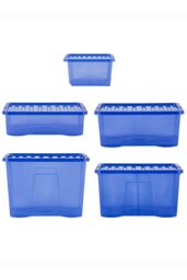 Wham Crystal 5 Piece Multisize Stackable Plastic Storage Organiser Box & Lid in Blue - thumbnail 3