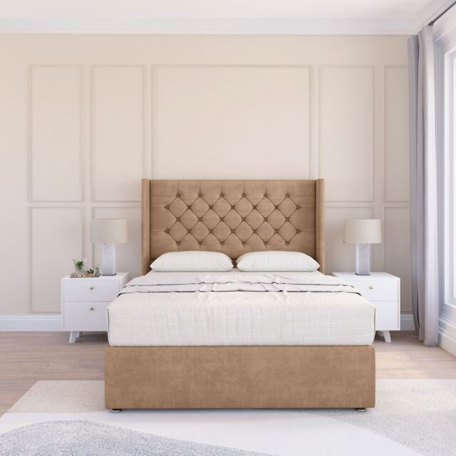 "Sloomy Dior Naples Wingback Bed Set, No Drawers & 54"" Floor Standing Headboard in Light Sand - Size: King" - image 1