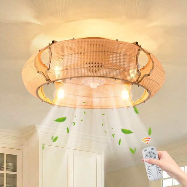 Garwarm 53cm Boho Rattan Farmhouse Caged Reversible Ceiling Fan with Light - image 1