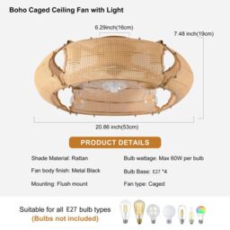 Garwarm 53cm Boho Rattan Farmhouse Caged Reversible Ceiling Fan with Light - thumbnail 4