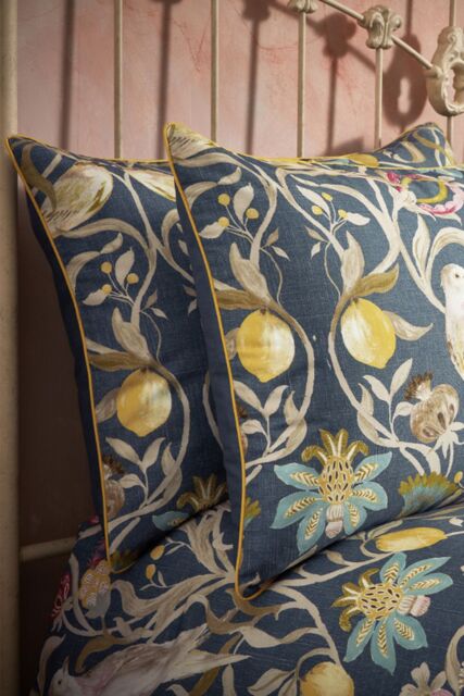 Edinburgh Weavers Songbird Floral Birds Luxury Cotton Piped Pair of Pillowcases in Navy - image 1