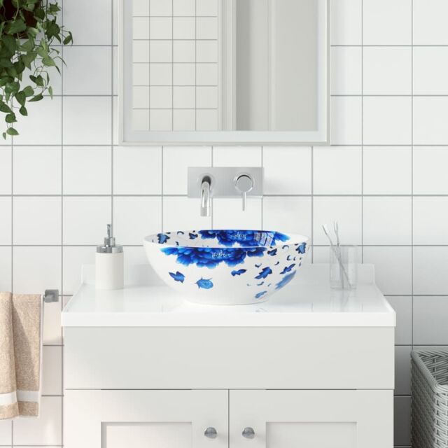 Berkfield Home Countertop Basin White & Blue Round Œ¶41x14 cm Ceramic - Size: 41x14 cm - image 1
