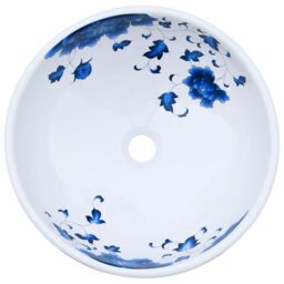 Berkfield Home Countertop Basin White & Blue Round Œ¶41x14 cm Ceramic - Size: 41x14 cm - thumbnail 4