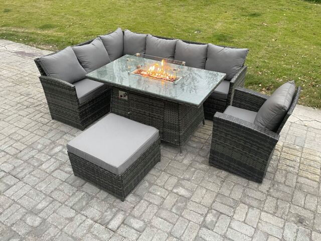 Fimous Rattan Garden Furniture High Back Corner Sofa Gas Fire Pit Dining Table Sets Gas Heater with Armchair Big Footstool 8 Seater in Dark Grey - image 1