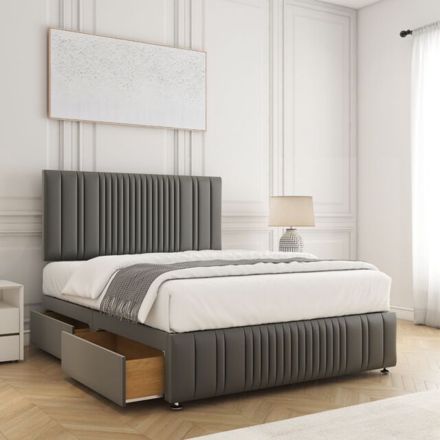 "BSSPOKE Rosie Divan Bed Set 24""Headboard & Footboard 2Drawers Footend Mattress in Grey - Size: Small Double" - image 1