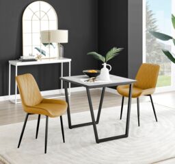 FurnitureboxUK Carson White Marble Effect Square Dining Table & 2 Velvet Pesaro Black Leg Chairs in Mustard - thumbnail 1