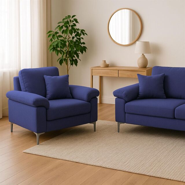 KOSY KOALA Modern Blue Sofa 2 1 Seater Set Fabric with Chrome Feet - Comfortable Couch with Cushion for Living Room, Bedroom or Office - image 1