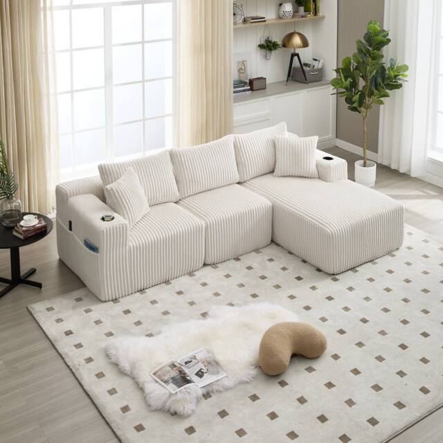Direct Wicker Modular Sectional Sofa, L Shaped Comfy Cloud Couch in Off-White - Size: 3 Seater - image 1