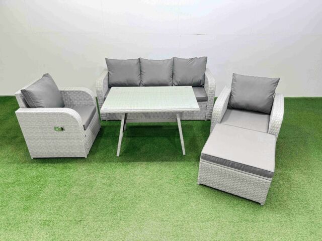 Fimous Reclining Chair 3 Seat Sofa Set Garden Furniture Set with Footstool in Light Grey - image 1
