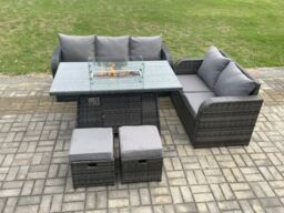 Fimous PE Wicker Outdoor Rattan Garden Furniture Set Propane Gas Fire Pit Table & Sofa set with 2 Small Footstools in Dark Grey - thumbnail 3