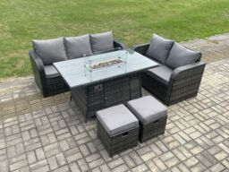 Fimous PE Wicker Outdoor Rattan Garden Furniture Set Propane Gas Fire Pit Table & Sofa set with 2 Small Footstools in Dark Grey - thumbnail 1