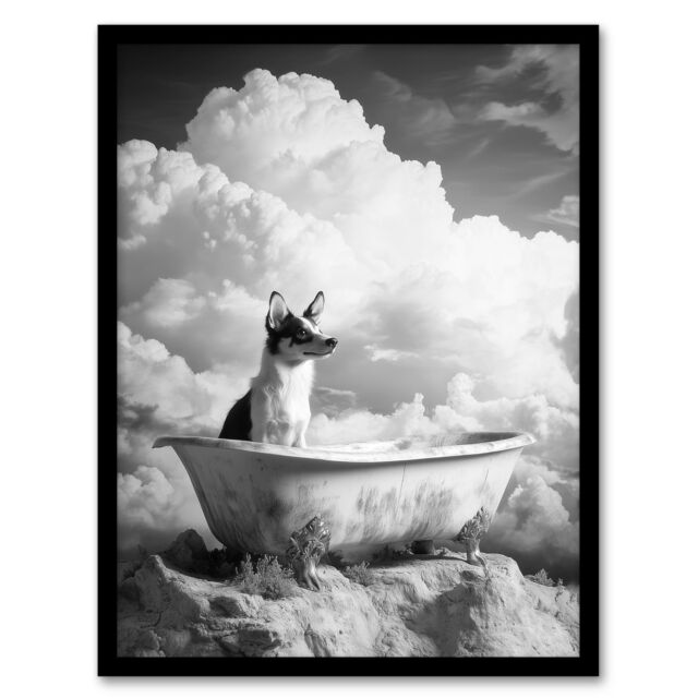 "Artery8 Puppy Bathtub on Mountain Peak Surreal Dog Lover Framed Art Print in Grey - Size: W12"" x H16""" - image 1