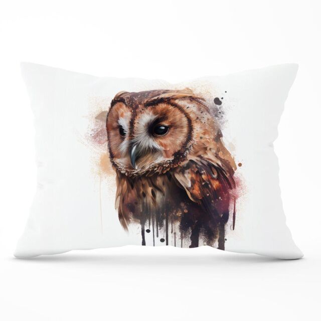 Warren Reed - Designer Tawny Owl Face Splashart Light Background Cushions in Brown - Size: 60 cm x 60 cm - image 1