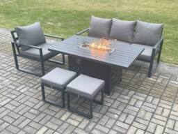 Fimous Aluminium Outdoor Garden Furniture Set Gas Fire Pit Dining Table Set Gas Heater Burner with 2 Small Footstools Dark Grey 6 Seater - thumbnail 1