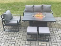 Fimous Aluminium Outdoor Garden Furniture Set Gas Fire Pit Dining Table Set Gas Heater Burner with 2 Small Footstools Dark Grey 6 Seater - thumbnail 2