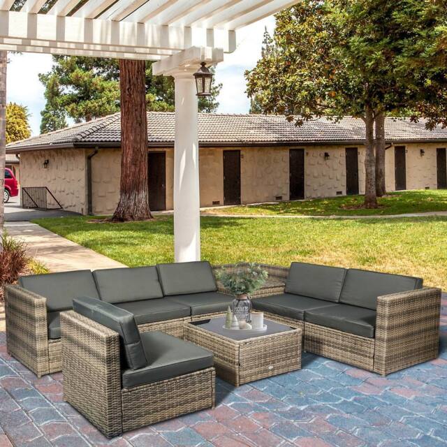 OUTSUNNY 8Pcs Patio Rattan Sofa Set Garden Furniture Side Table w/ Cushion in Brown - image 1