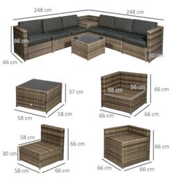 OUTSUNNY 8Pcs Patio Rattan Sofa Set Garden Furniture Side Table w/ Cushion in Brown - thumbnail 3