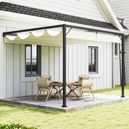 OUTSUNNY 3 x 3(m) Outdoor Lean To Pergola Retractable Canopy Wall Mounted in Cream - thumbnail 1