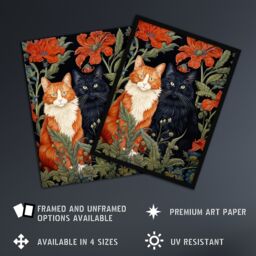 Artery8 Fluffy Ginger & Black Flower Cats Amongst The Red Floral Blooms Modern Artwork Unframed Wall Art Print Poster Home Decor Premium - thumbnail 2