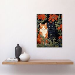 Artery8 Fluffy Ginger & Black Flower Cats Amongst The Red Floral Blooms Modern Artwork Unframed Wall Art Print Poster Home Decor Premium - thumbnail 4